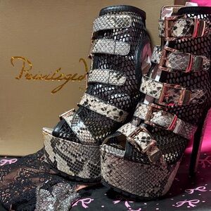 Privileged Snakeskin Multi-Buckle Heels - Black and Cream